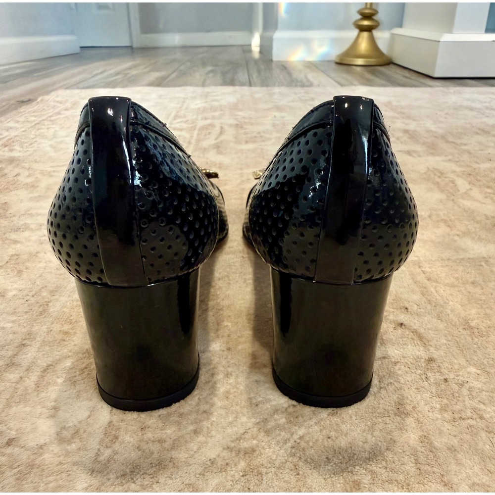 Stuart Weitzman Black Perforated Patent Leather Chain Buckle Block Heel Pump, 5 - Picture 4 of 6